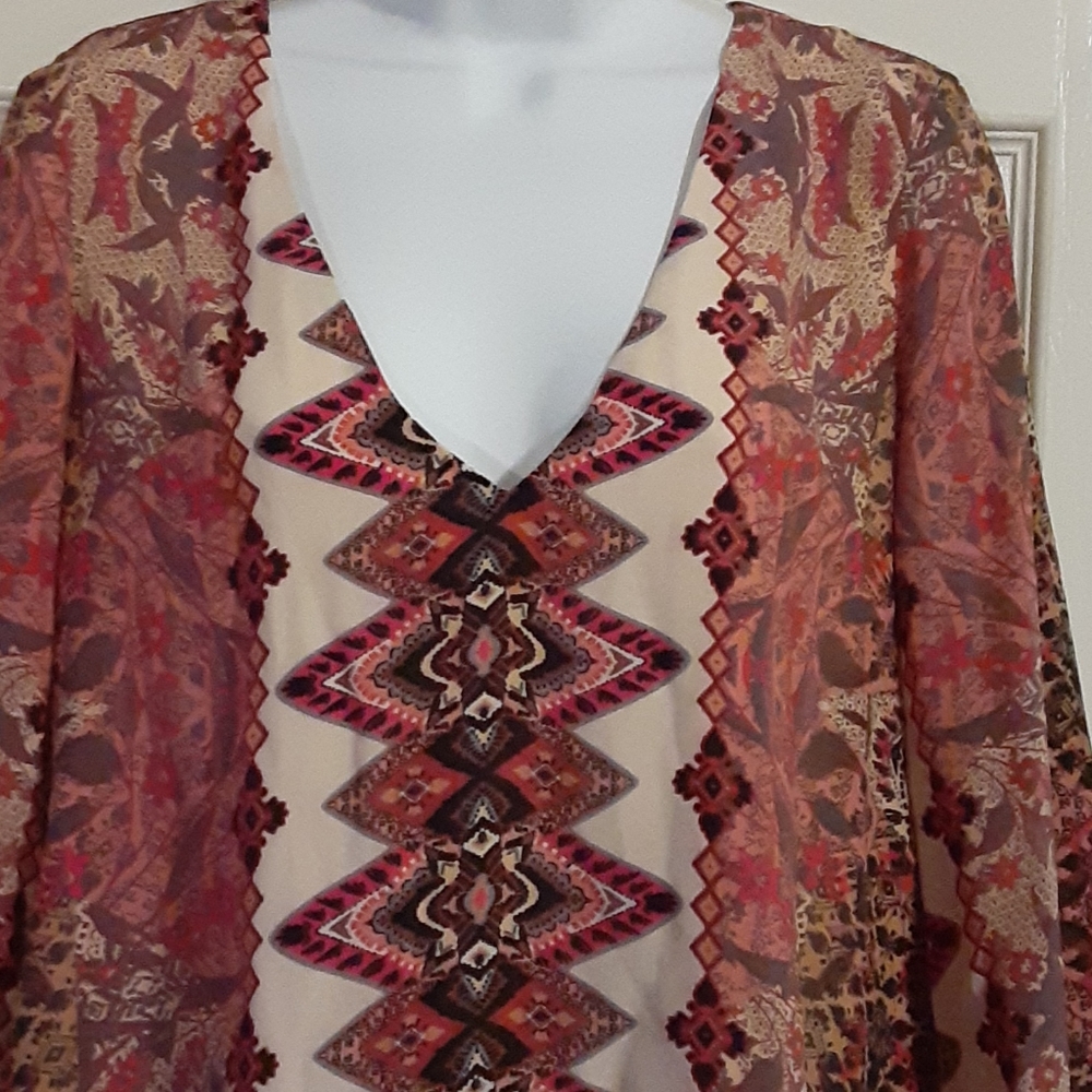 Lavender Brown Silk Boho Mini Dress NWT Size Small V-Neck Flare Sleeve - Picture 3 of 9